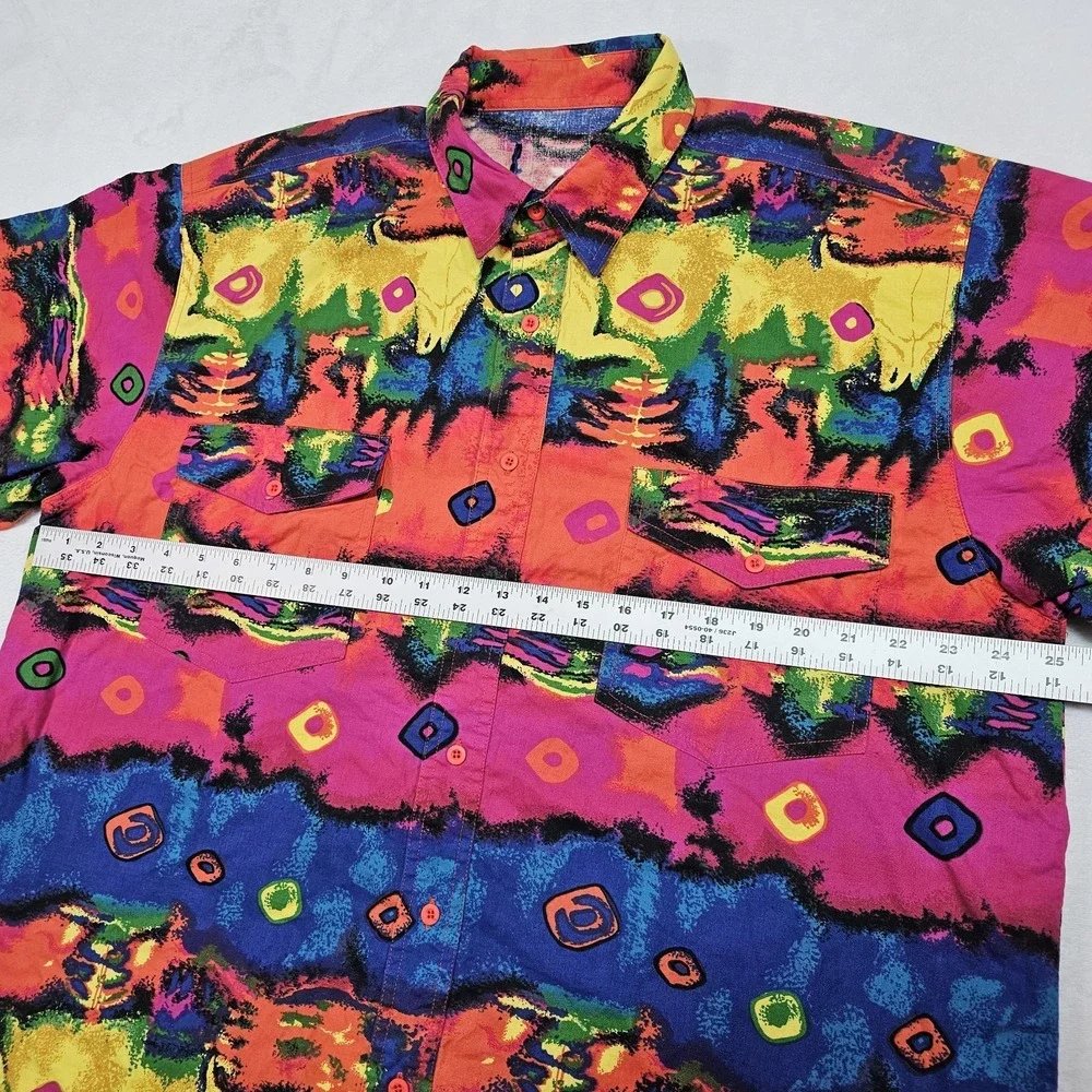 Vtg Wrangler Shirt Mens XL Brushpopper Bright Loud Bull Skull Tie Dye Groovy - Picture 12 of 13